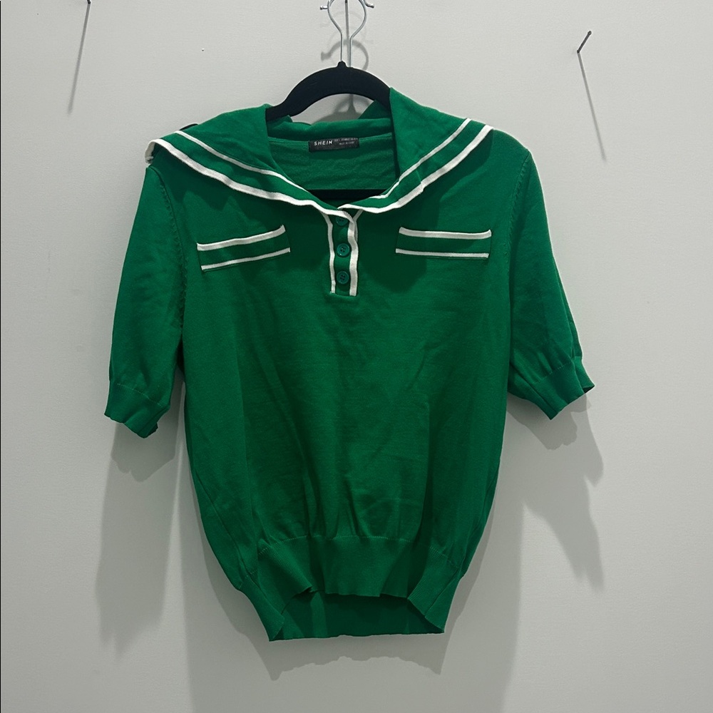 Green Sailor Collar Knit Top with White Trim